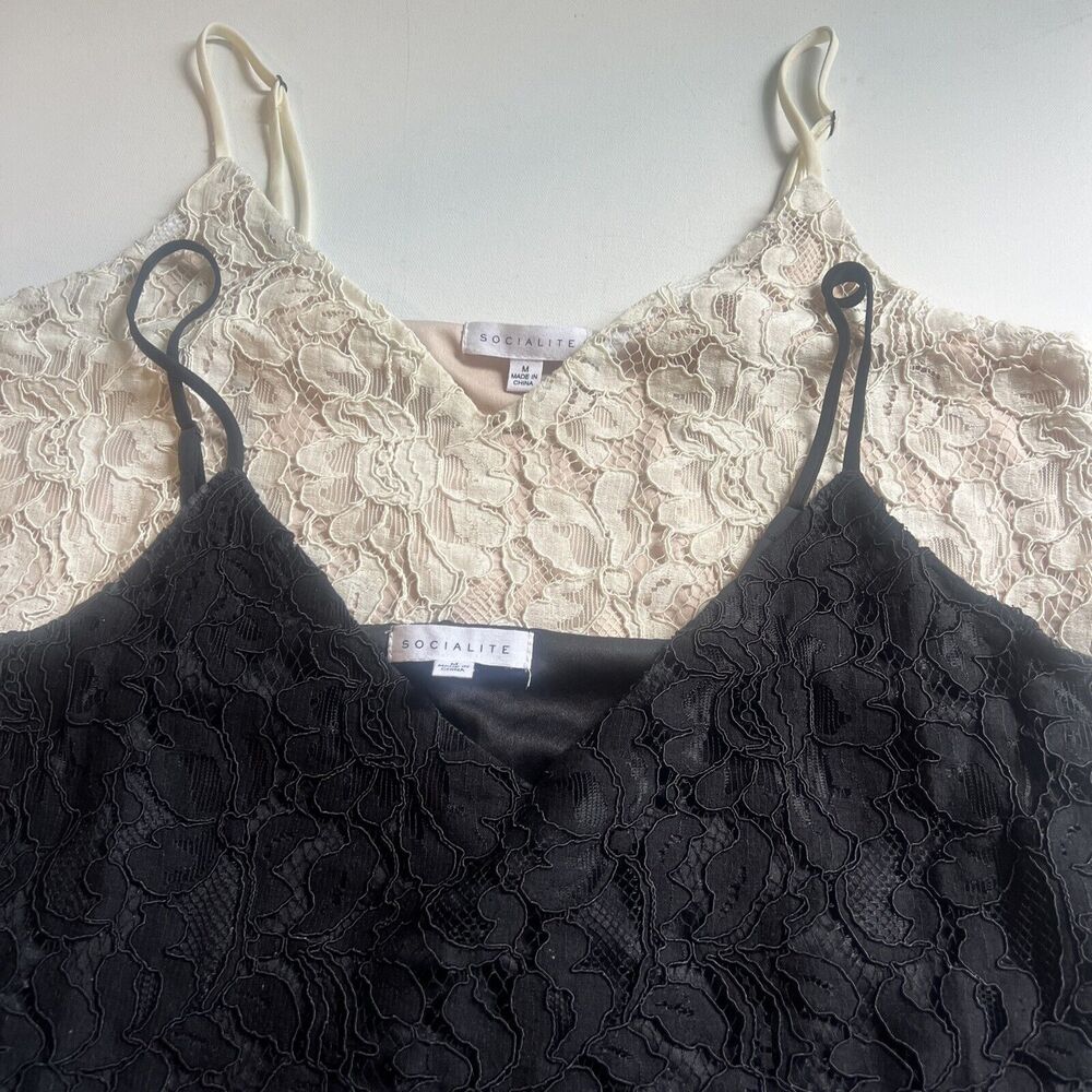 Socialite Set Of 2 Tank Top Camisole Black / Beige All-Lace V-Neck Size Medium - Picture 2 of 13